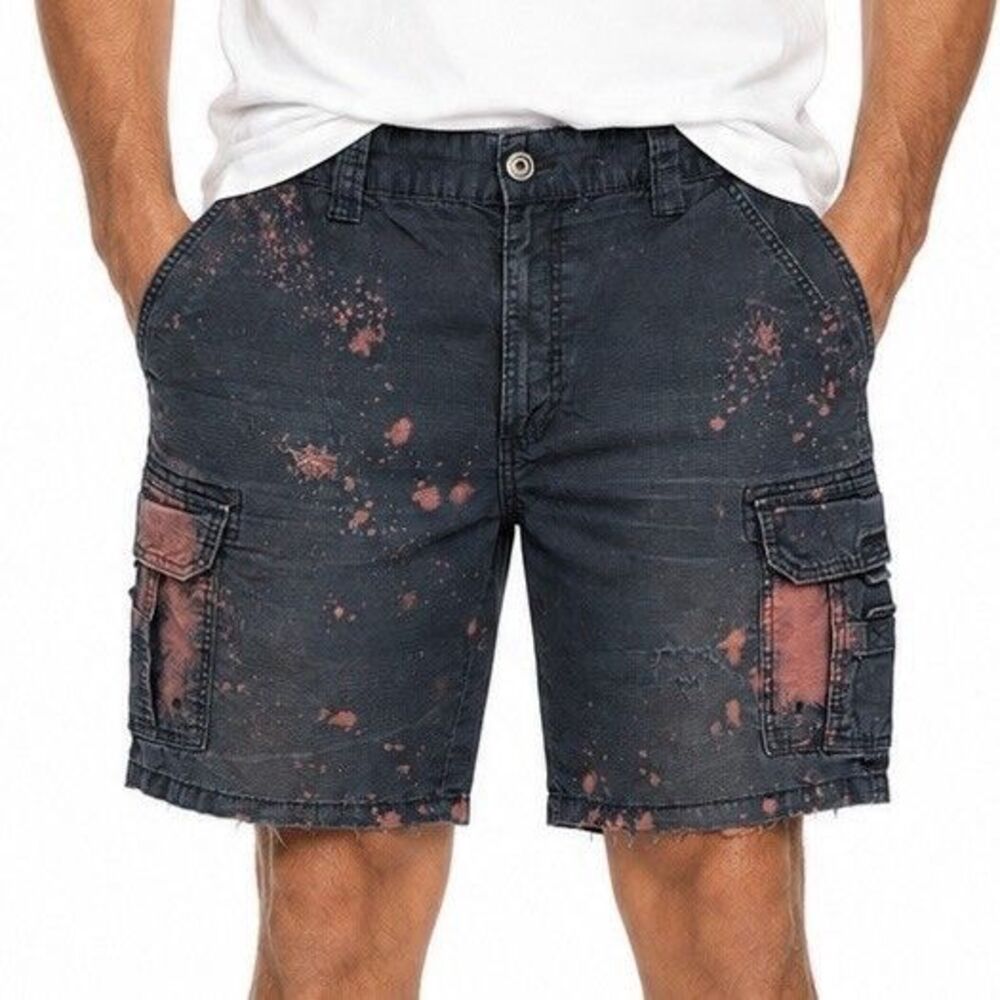 Men's Navy Bleach-Splatter Cargo Shorts Size 34 Distressed Grunge Y2K Streetwear